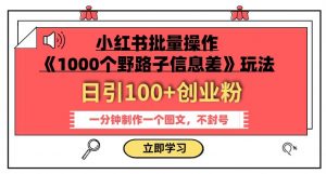 小红书批量操作《1000个野路子信息差》玩法，一分钟制作一个图文，不封号，日引100+创业粉-鱼梓小栈