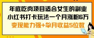 年底吃肉项目适合女生的副业小红书打卡玩法一个月涨粉6万+变现能力强+单月收益5位数【揭秘】-鱼梓小栈