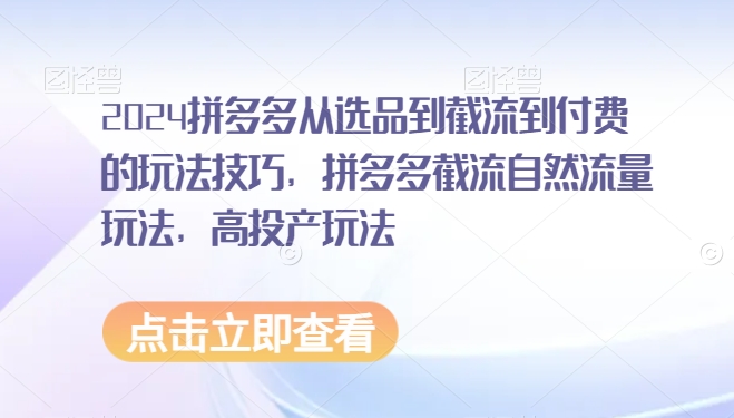 2024拼多多从选品到截流到付费的玩法技巧，拼多多截流自然流量玩法，高投产玩法-鱼梓小栈