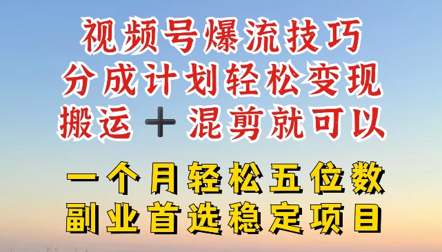 视频号爆流技巧，分成计划轻松变现，搬运 +混剪就可以，一个月轻松五位数稳定项目【揭秘】-鱼梓小栈