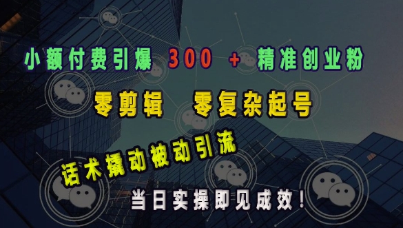 小额付费引爆 300 + 精准创业粉，零剪辑、零复杂起号，话术撬动被动引流，当日实操即见成效-鱼梓小栈