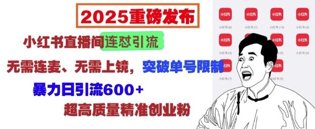 2025重磅发布：小红书直播间连怼引流，无需连麦、无需上镜，突破单号限制，暴力日引流600+-鱼梓小栈
