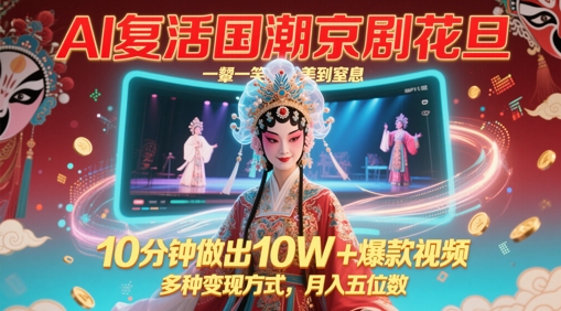 AI复活国潮京剧花旦，一颦一笑美到窒息，10分钟做出10W+爆款视频，多种变现方式，月入五位数-鱼梓小栈